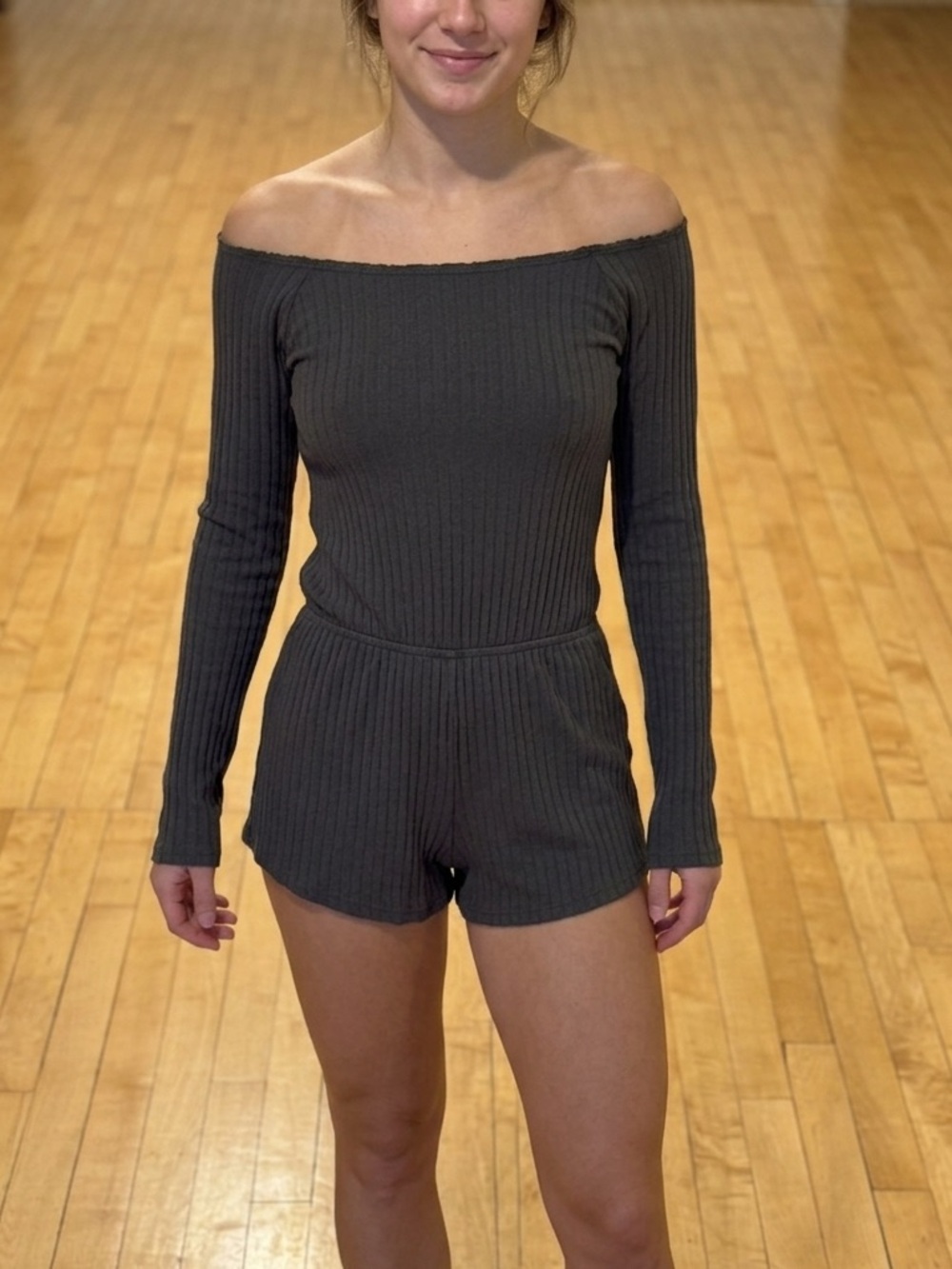 Honey Punch Ribbed Wide Beck / Off-Shoulder Romper in Army Green long sleeve